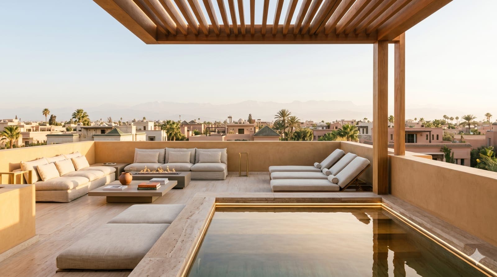 Terrasse d'un penthouse à Dubai au coucher du soleil, piscine à débordement