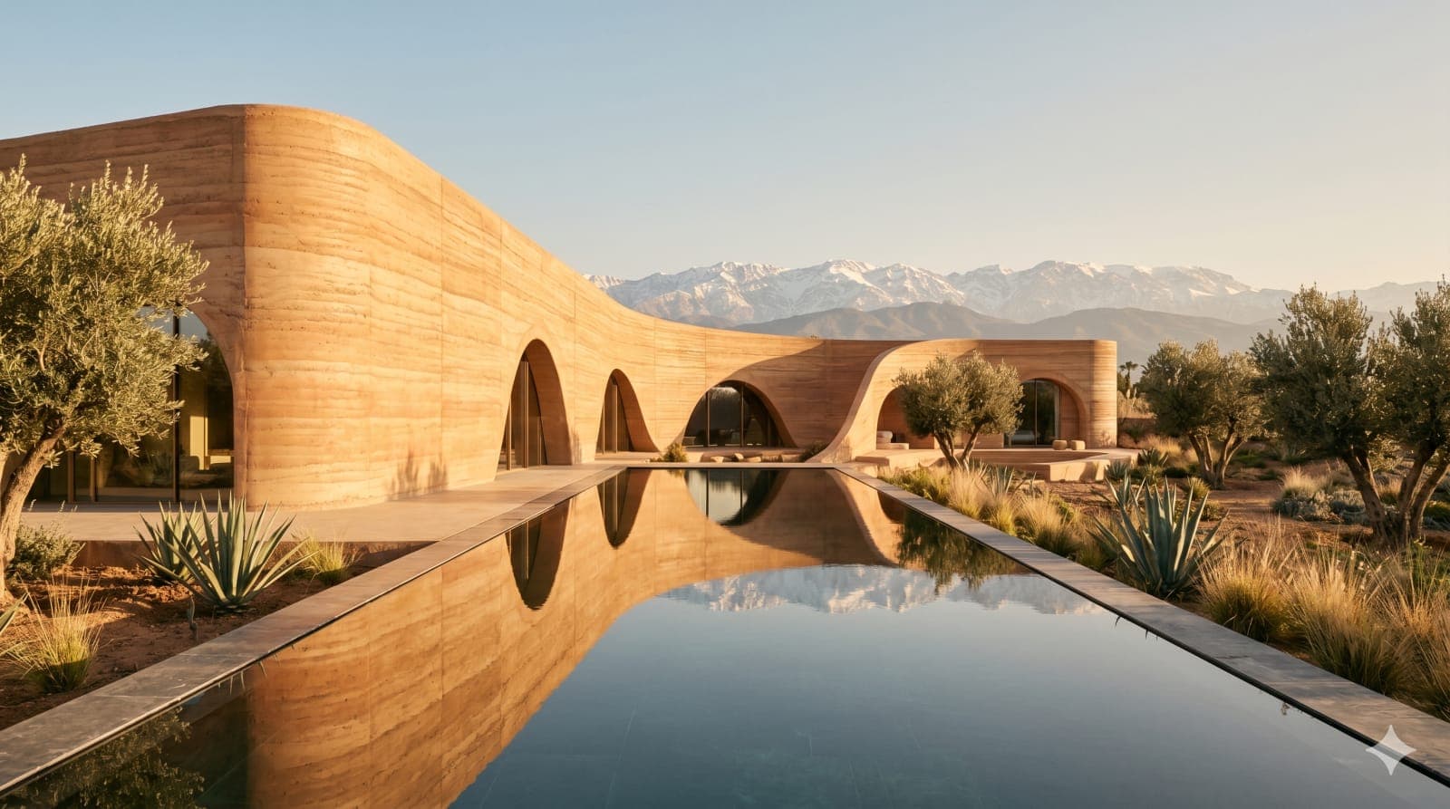 Villa contemporaine en pisé et bassin miroir face à l'Atlas, près de Marrakech
